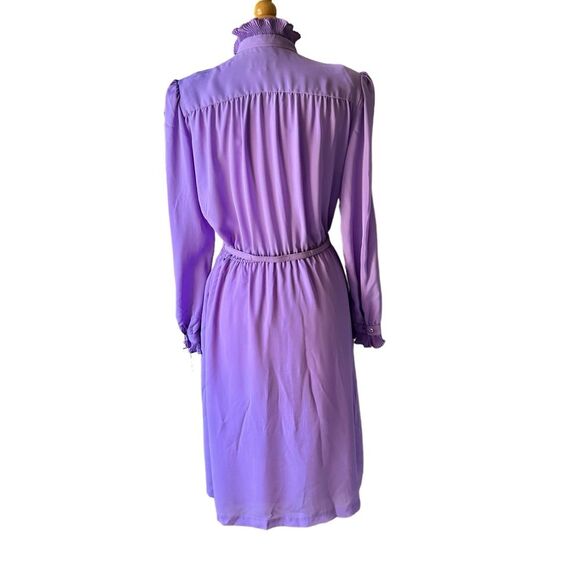 Vintage Lavender Purple Ruffle High Neck 1980s Victorian inspired Midi Dress - L - Picture 7 of 11
